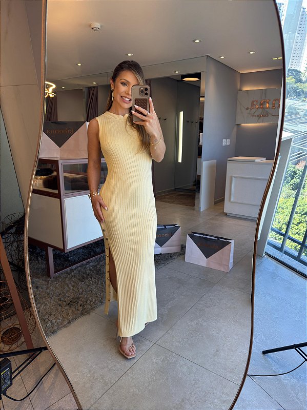 Vestido Longo Modal Botoes Amarelo