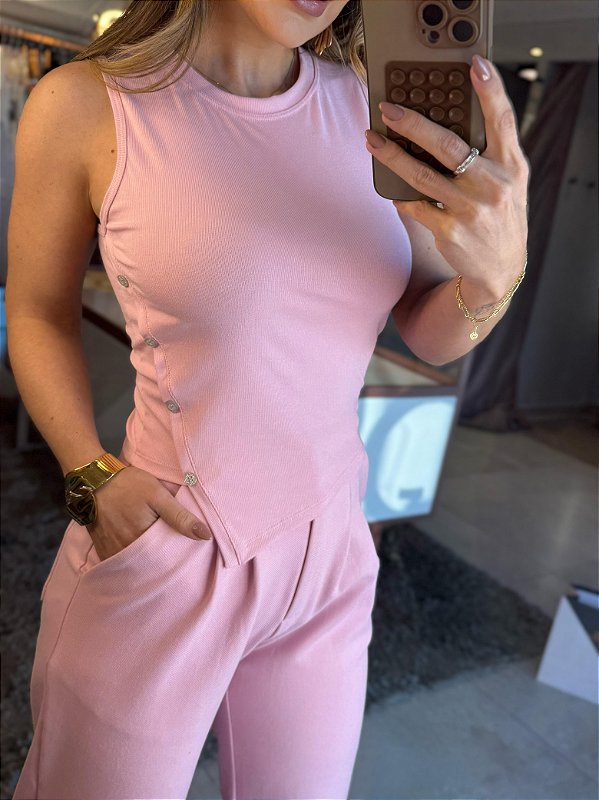 Blusa Regata Botoes Assimetrica Juju Rosa
