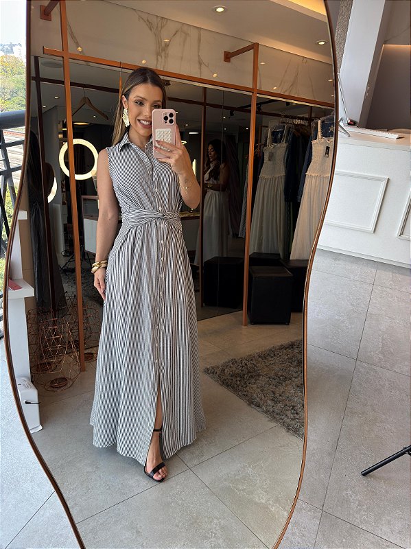 Vestido Longuete Botoes Listras Grecia Preto