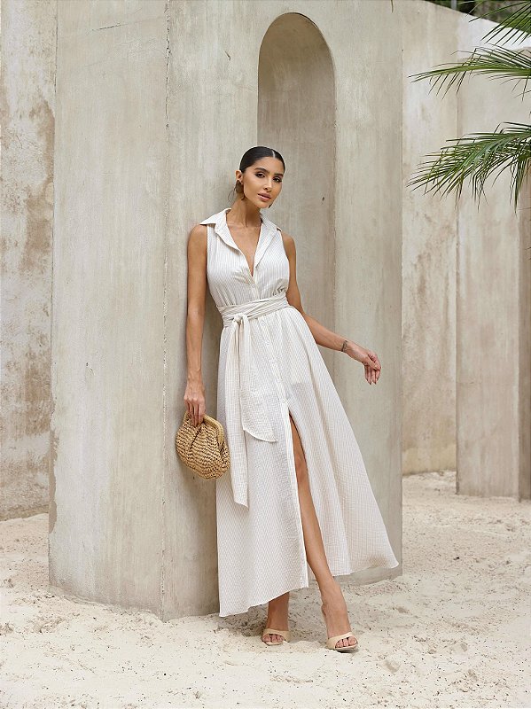 Vestido Longuete Botoes Listras Grecia Areia