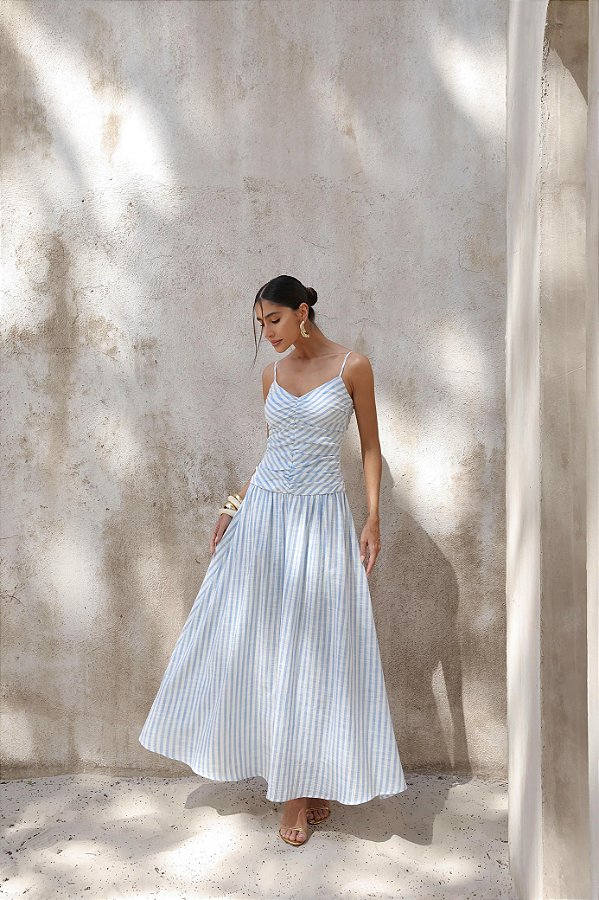 Vestido Longuete Drapeado Listras Azul