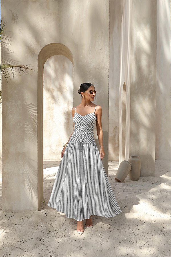 Vestido Longuete Drapeado Listras Preto