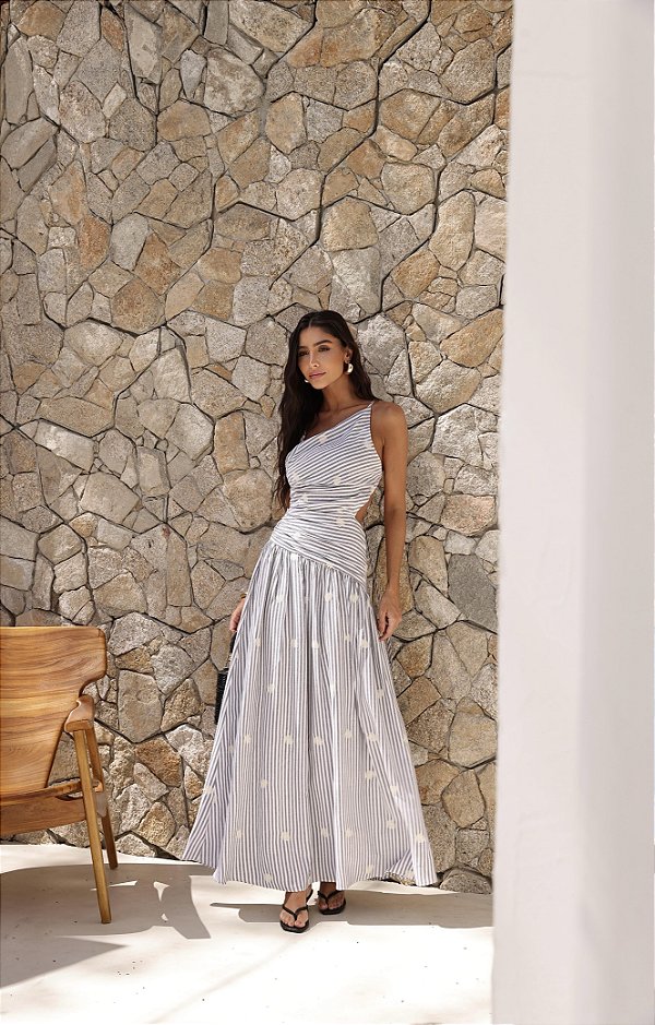 Vestido Longo Listrado Fatima Preto
