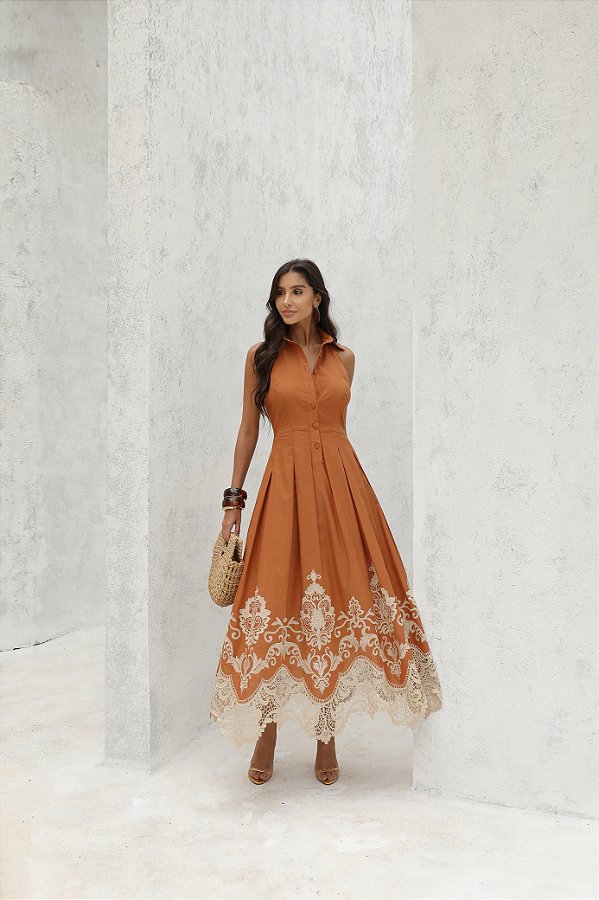 Vestido Longuete Renda Dunnas Terracota