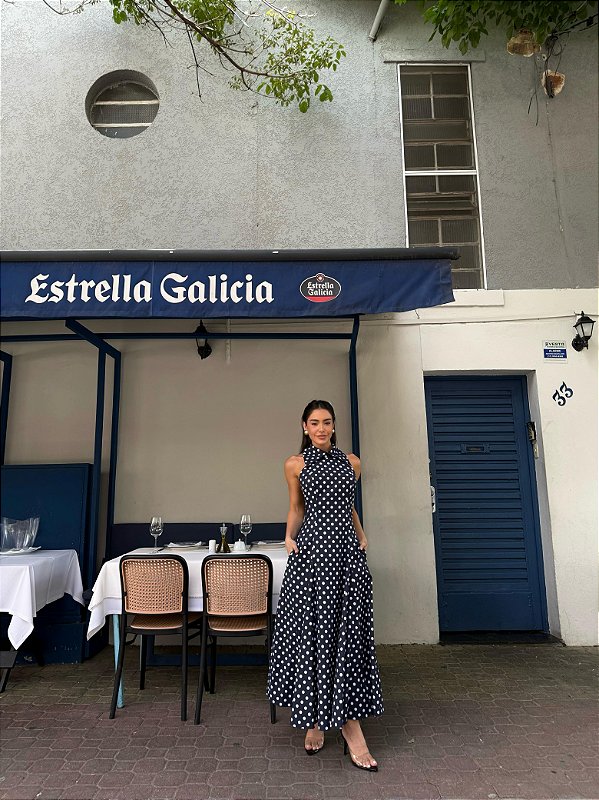 Vestido Longuete Frente Unica Polka Preto