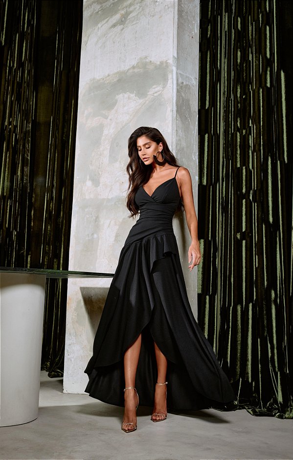 Vestido Longuete Babados Maya Preto