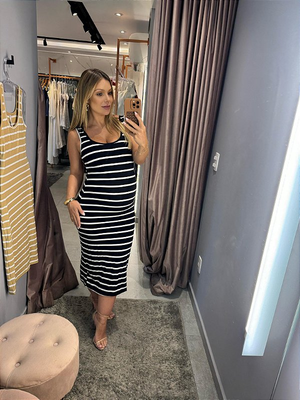 Vestido Midi Abertura Listras Preto