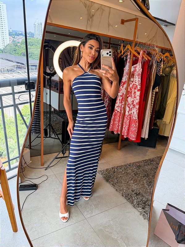 Vestido Longo Alça X Listra Marinho