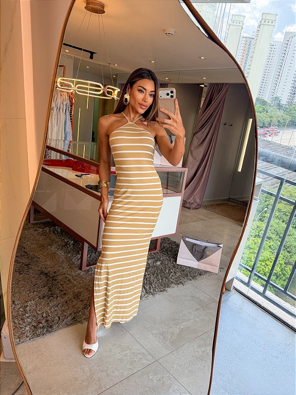 Vestido Longo Alça X Listra Camel