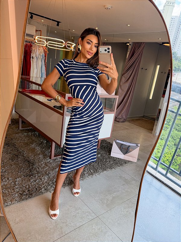 Vestido Midi Listra Franzido Azul Marinho