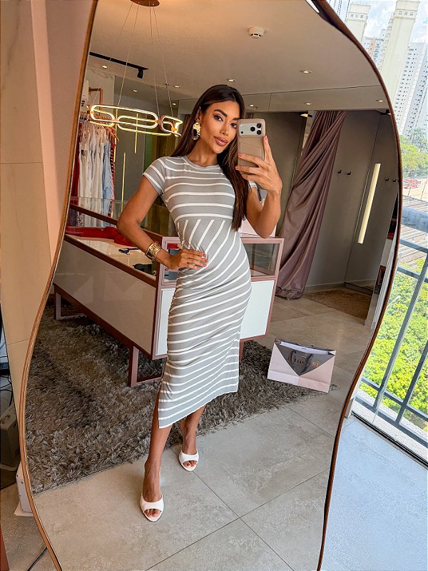 Vestido Midi Listra Franzido Azul Cinza