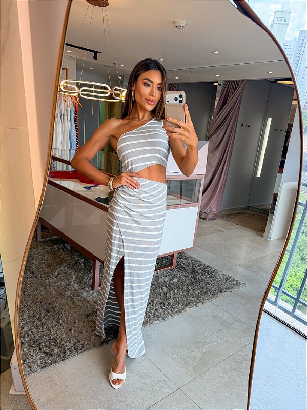 Vestido Longo Listra Abertura Cinza