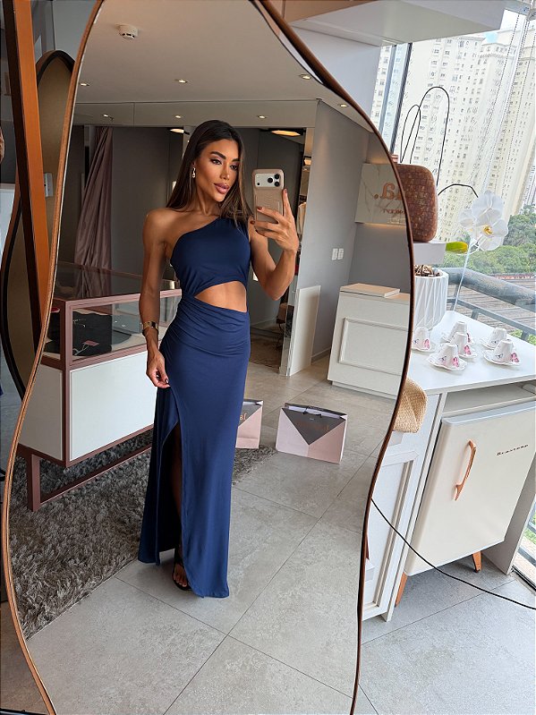 Vestido Longo Fenda Rom Azul Marinho