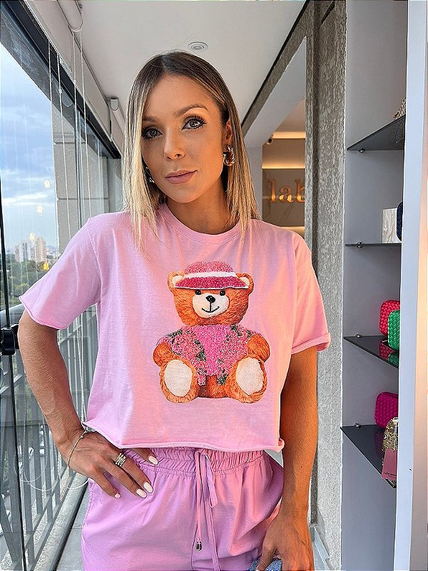 Camiseta Cropped Ursinho Rosa