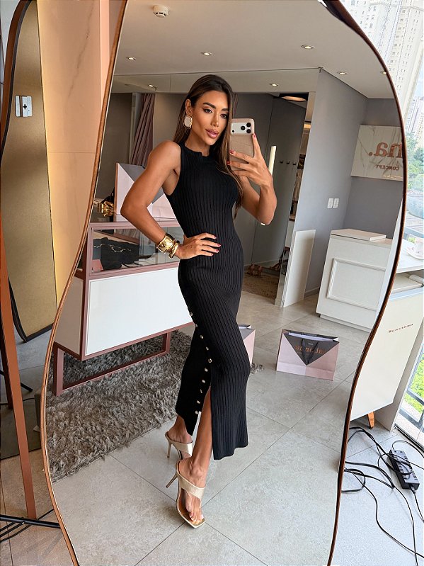 Vestido Longo Botoes Preto