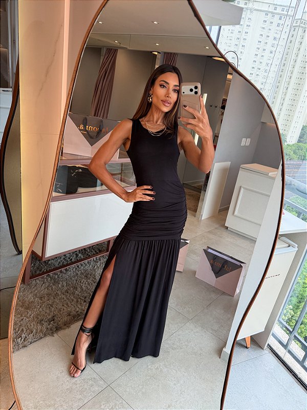 Vestido Longo Drapeado Stella Maris Preto