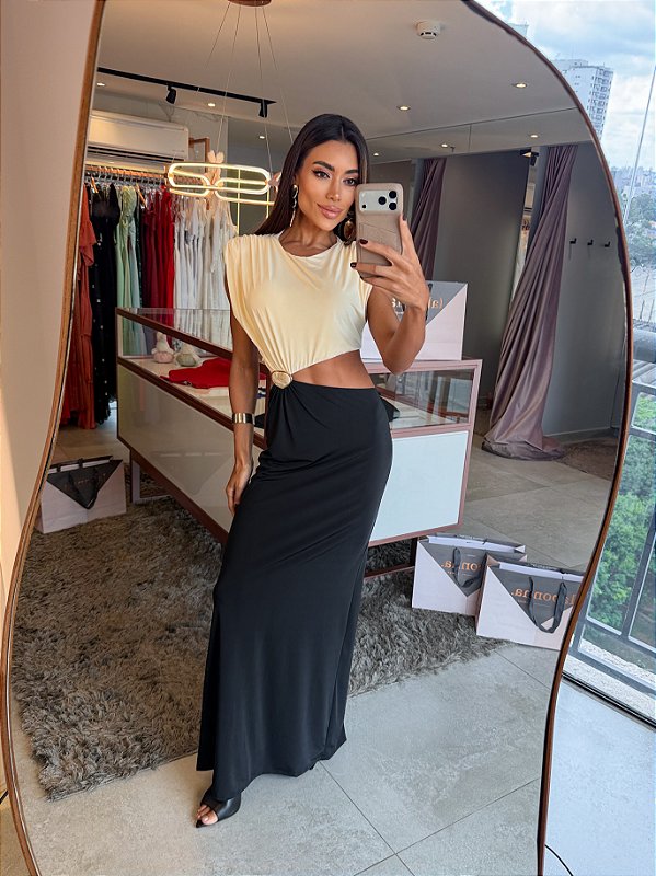 Vestido Longo Bicolor Jersey Preto