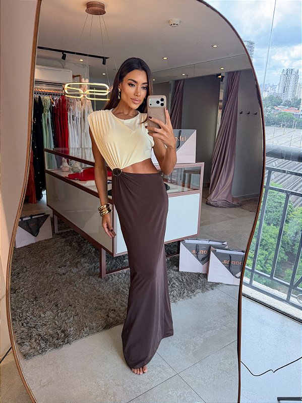 Vestido Longo Bicolor Jersey Marrom