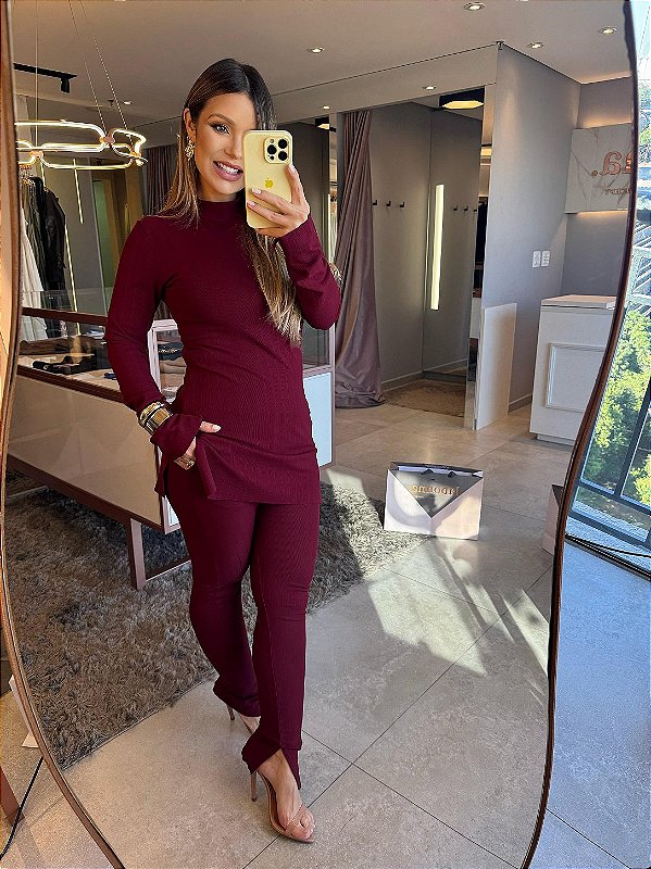 Conjunto Bali Manga Longa Jaque Bordo