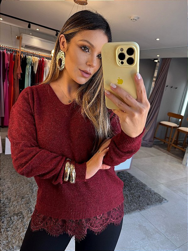 Blusa Tricot Mousse Renda Marsala