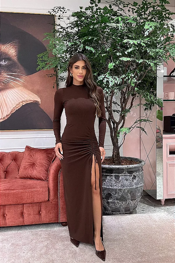 Vestido Fenda Longo Strong Fabri Marrom