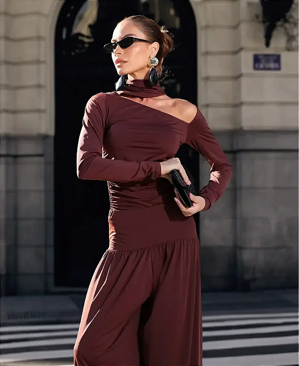 Blusa Jersey Ombro Assimétrico Marrom