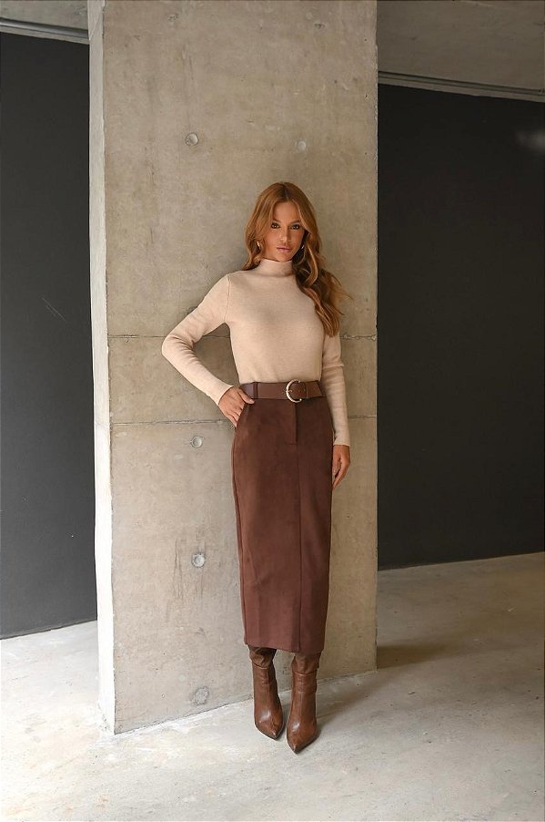 Saia Lápis Suede Camel