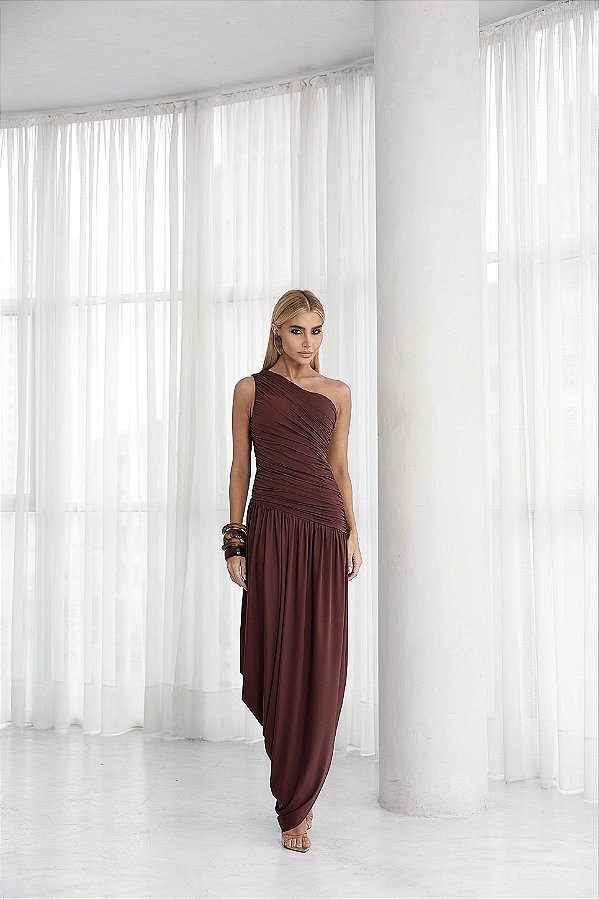 Vestido Saia Drapeada Assimétrica Marrom