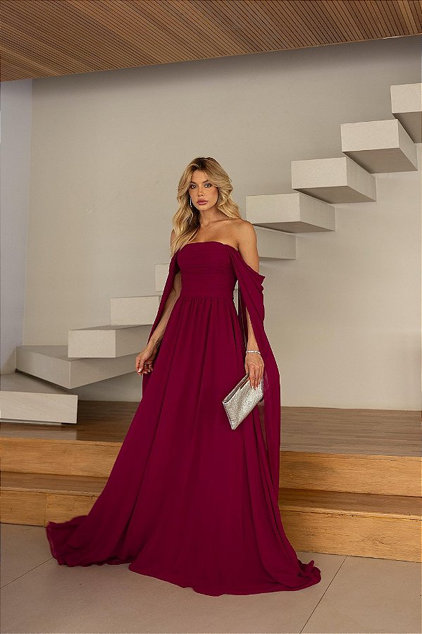 Vestido Longo Manga Drapeada Fucsia