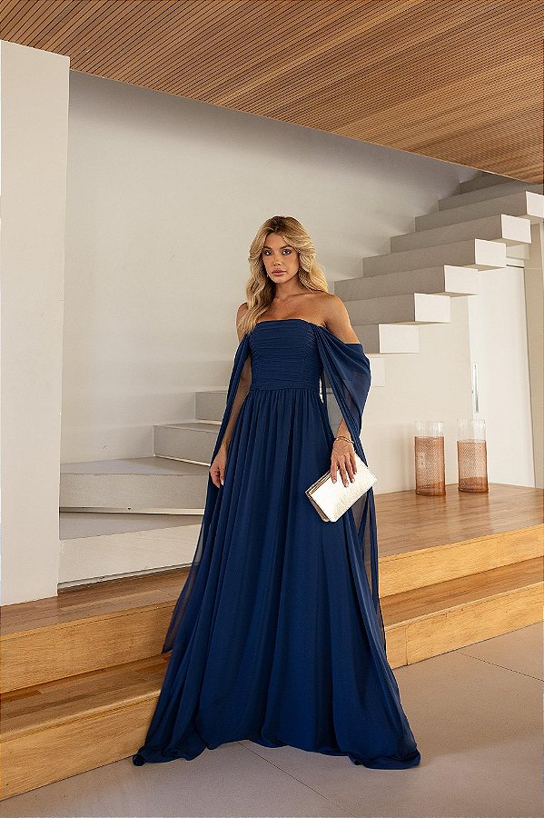Vestido Longo Manga Drapeada Azul Marinho