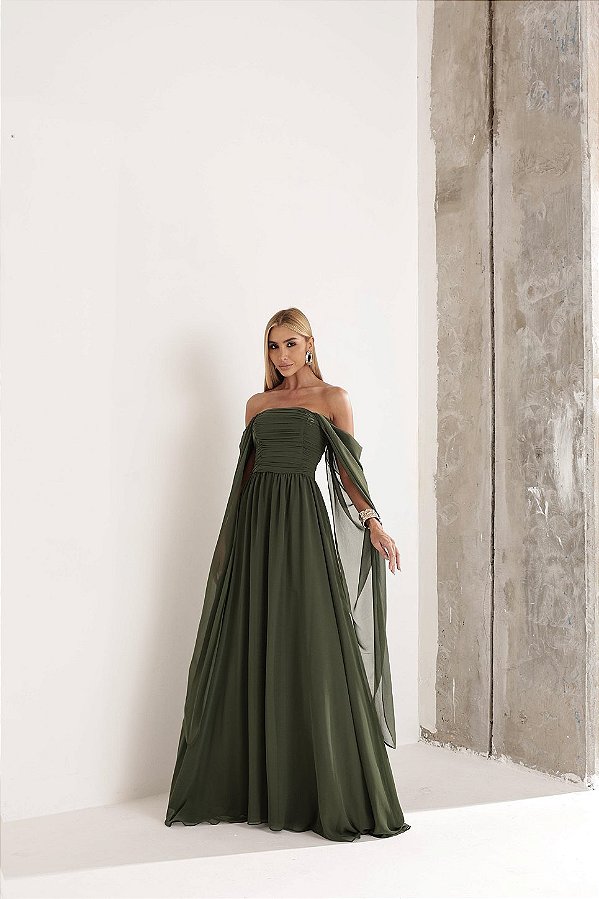 Vestido Longo Manga Drapeada Verde