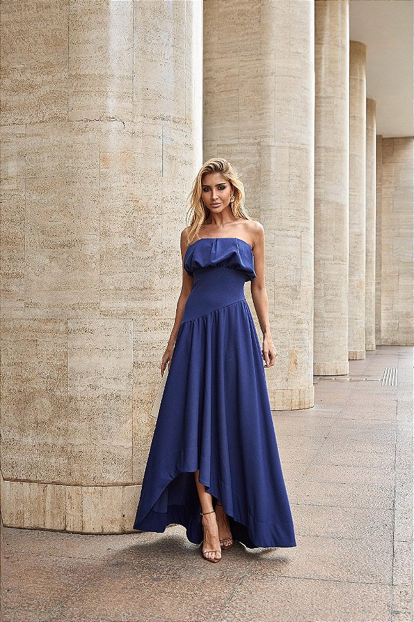 Vestido Longo Busto Pregas Elena Azul