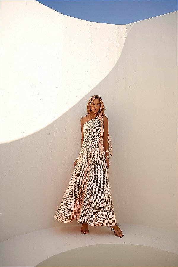 Vestido Longuete Listra Bordada Mallu Salmão