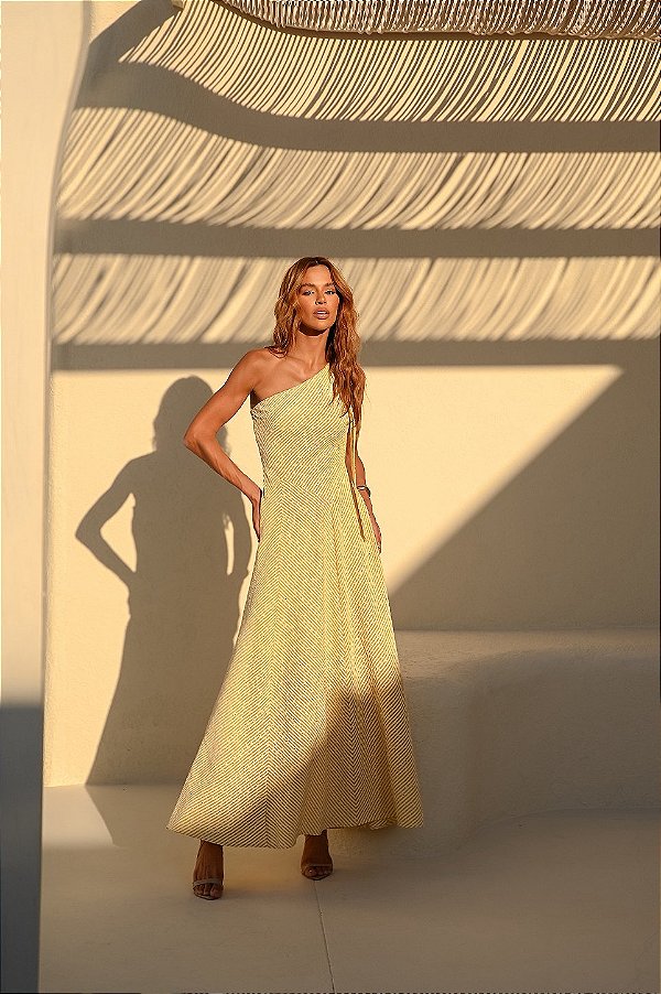 Vestido Longuete Listra Bordada Mallu Amarelo