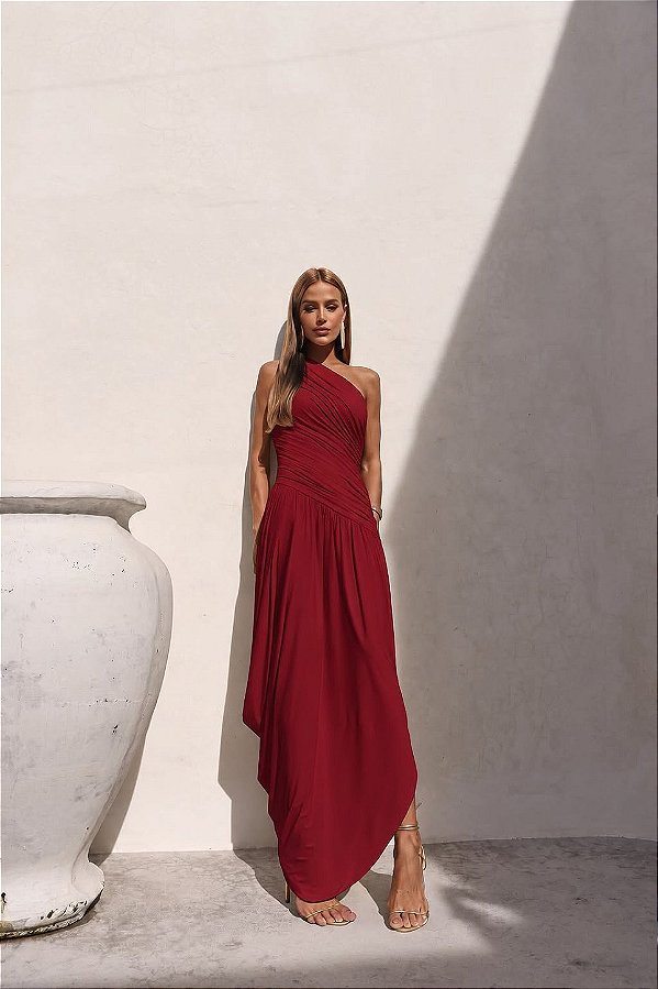 Vestido Saia Drapeada Assimétrica Vermelho