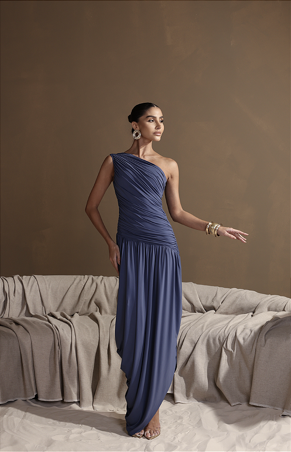 Vestido Saia Drapeada Assimétrica Azul