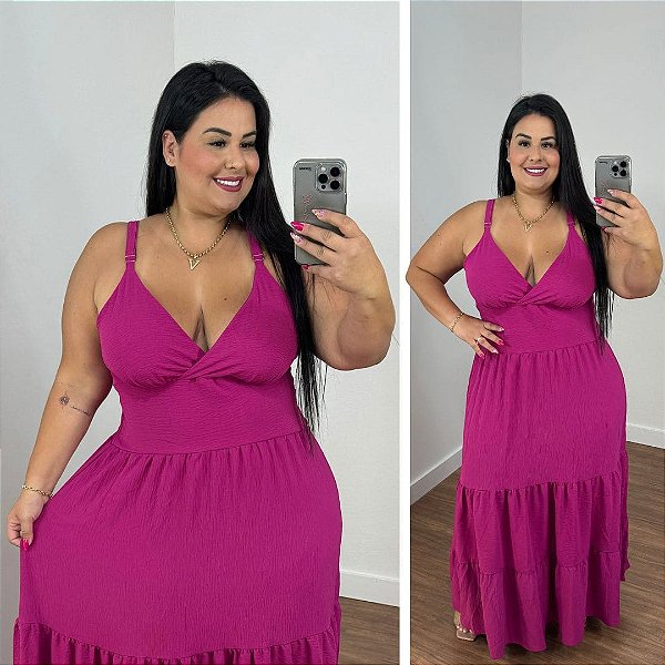 Vestido Alça Farm Liso Fúcsia Plus Size