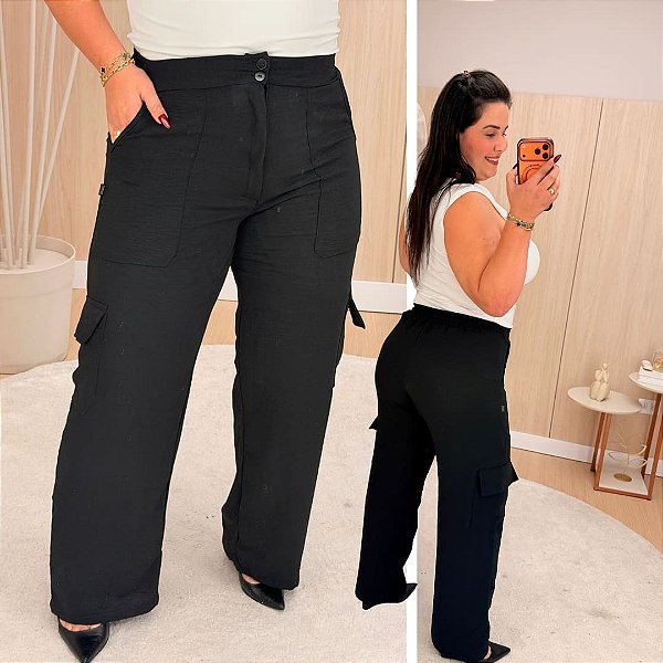 Calça Pantalona Cargo MG Preto Plus Size