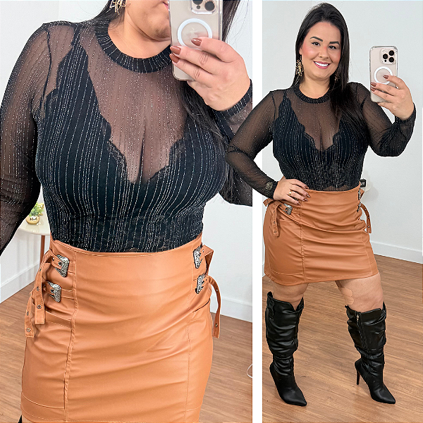 Body Tule Manga Preto Brilho Plus Size