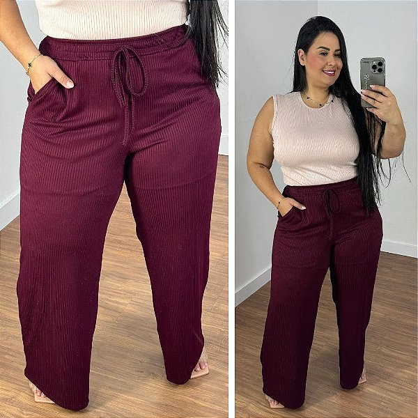 Calça Pantalona Canelada Veronica Marsala Plus Size