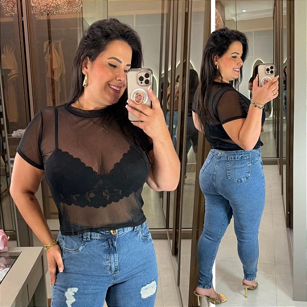 Blusa Tule Preto Plus Size
