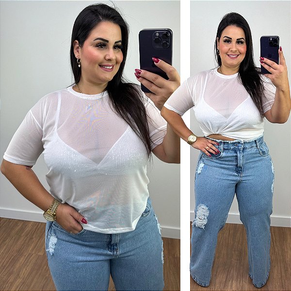 Blusa Tule Branco Plus Size