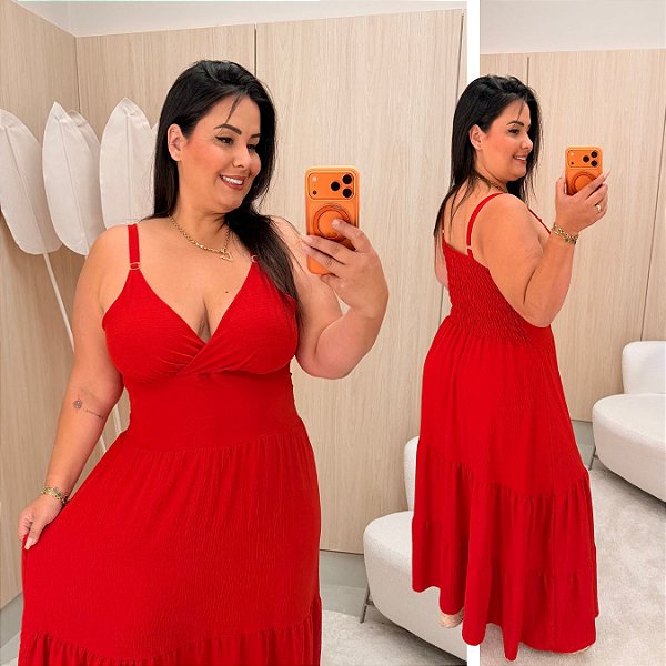 Vestido Alça Farm Liso Vermelho Plus Size