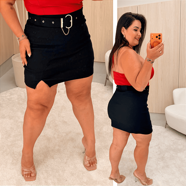 Short Saia Bengaline Cinto Preto Plus Size