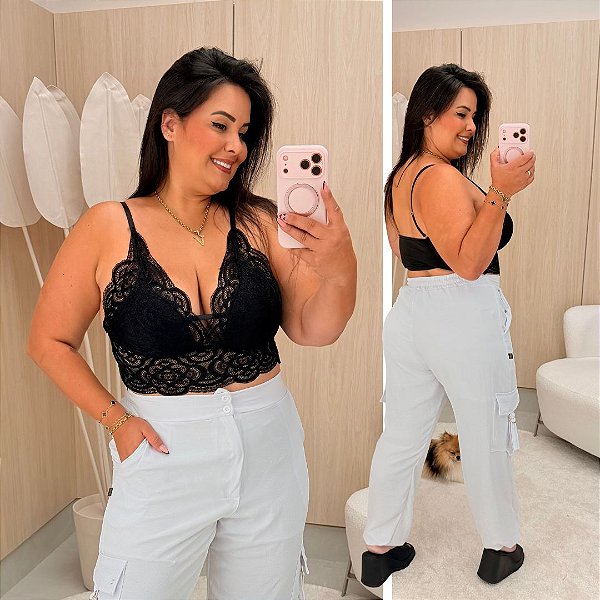 Cropped Alça Renda Preto Plus Size