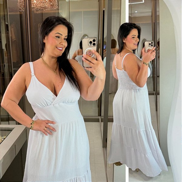 Vestido Alça Farm Liso Branco Plus Size