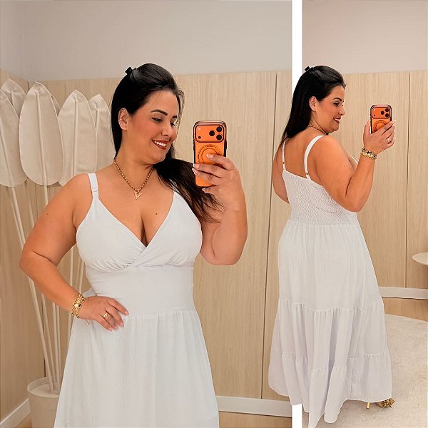 Vestido Alça Farm Liso Branco Plus Size