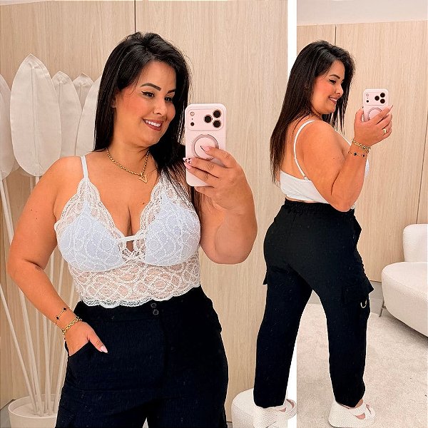 Cropped Alça Renda Branco Plus Size