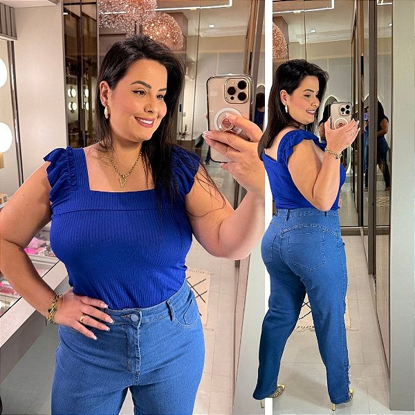 Regata Canelada Azul Royal Plus Size