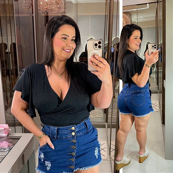 Cropped Canelado Aline Preto Plus Size